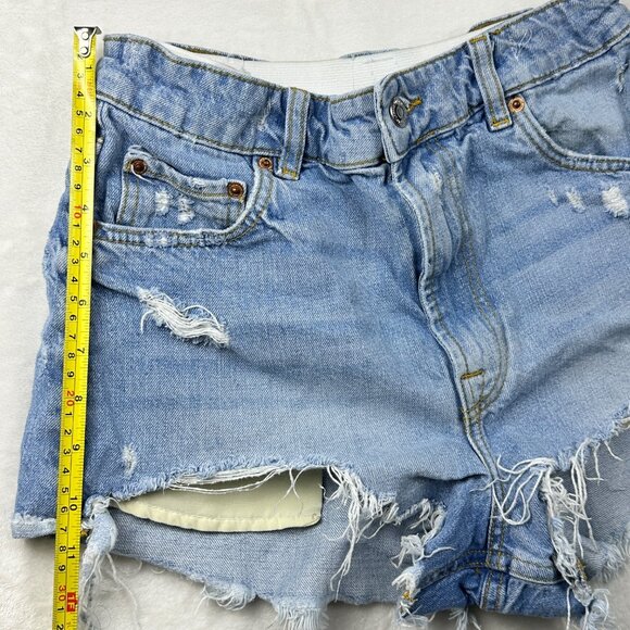 Zara Womens High-Waist Distressed Denim Shorts  Sz 6 Raw Hem Elastic Waistband - Picture 11 of 14